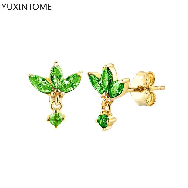 925 Sterling Silver Ear Needle Green Zircon Stud Earrings for Women Luxury Long Chain Geometric Gold Earrings Fashion Jewelry