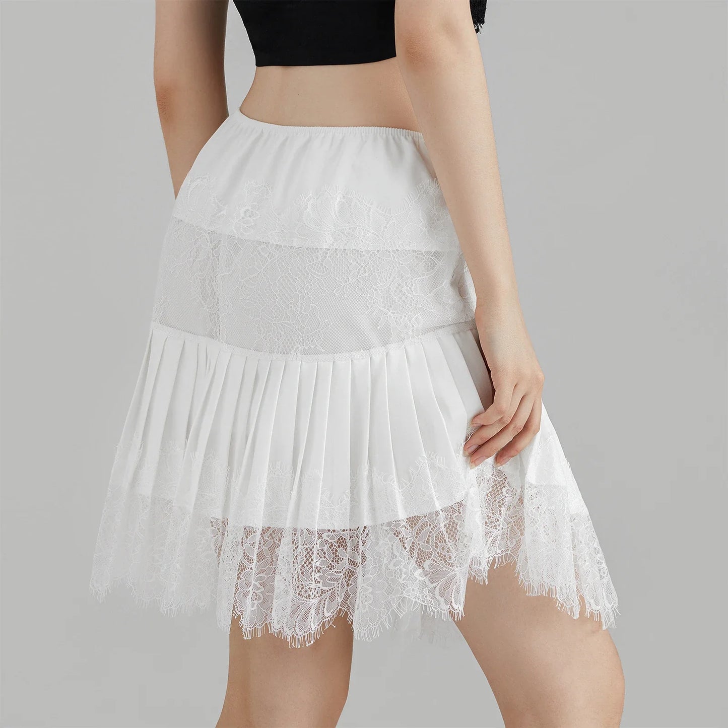 Women's Fashion Solid Color Mini Skirts Mid-Rise Pleated Lace Skirts Spring Summer Casual Short Skirts