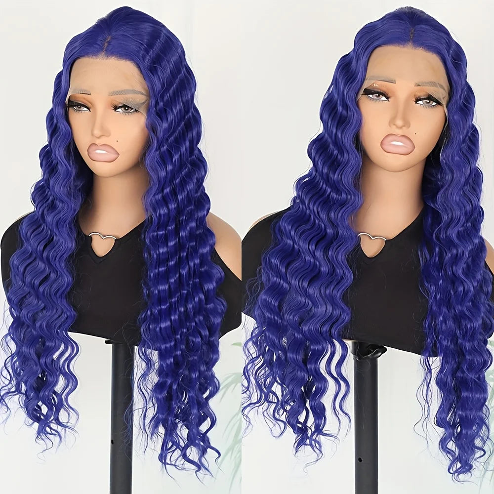 Long Blue Color 13x4 Lace Frontal Wigs Deep Wavy Hair Pre Plucked Natural Hairline Curly Wave Glueless Heat Resistant Synthetic