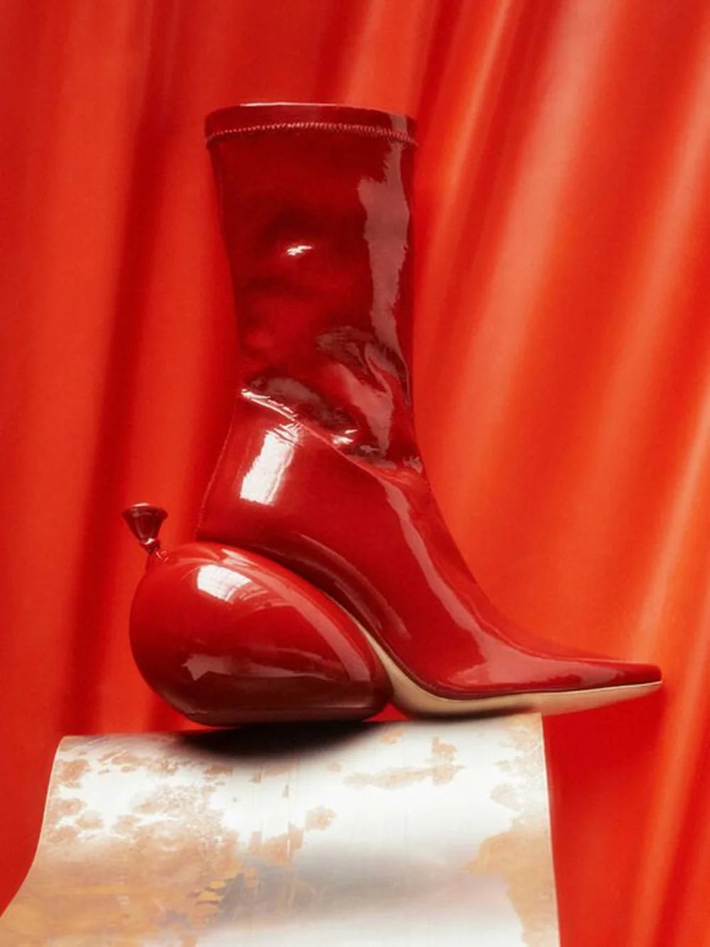 Glossy Red Patent Leather Pointed-Toe Ankle Boots Unique Balloon Heels Design High-Fashion Style for Runway & Artistic Ensembles