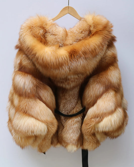 Natural Golden Fox Fur Coat with Batwing Sleeve & Double-Sided