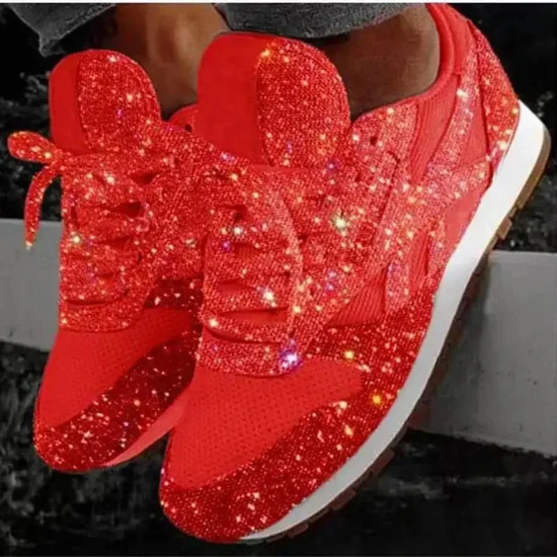 New Women Flat Sneakers Casual Bling Vulcanized Shoes Women Mesh Lace