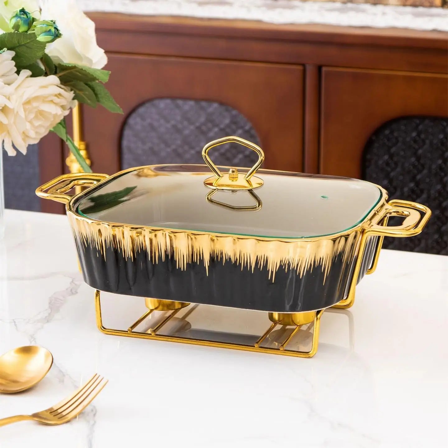 3 Piece Set Ceramic Chafing Dishes Buffet Set, Luxury Black Ceramics Chafer with Gold Trim, Chafer and Buffet Warmer Set