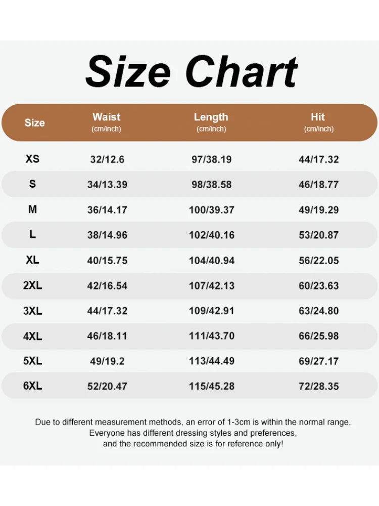 Size chart for clothing measurements on a white background