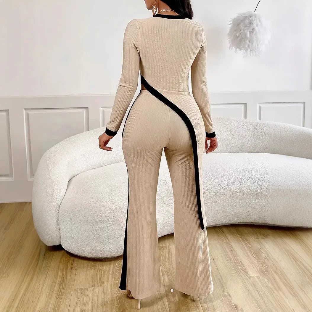 Striped Splicing Irregular Suit Round Neck Fashion Office Commuting Elegant Wide-leg Trousers Conjunto Dos Piezas Mujer Invierno