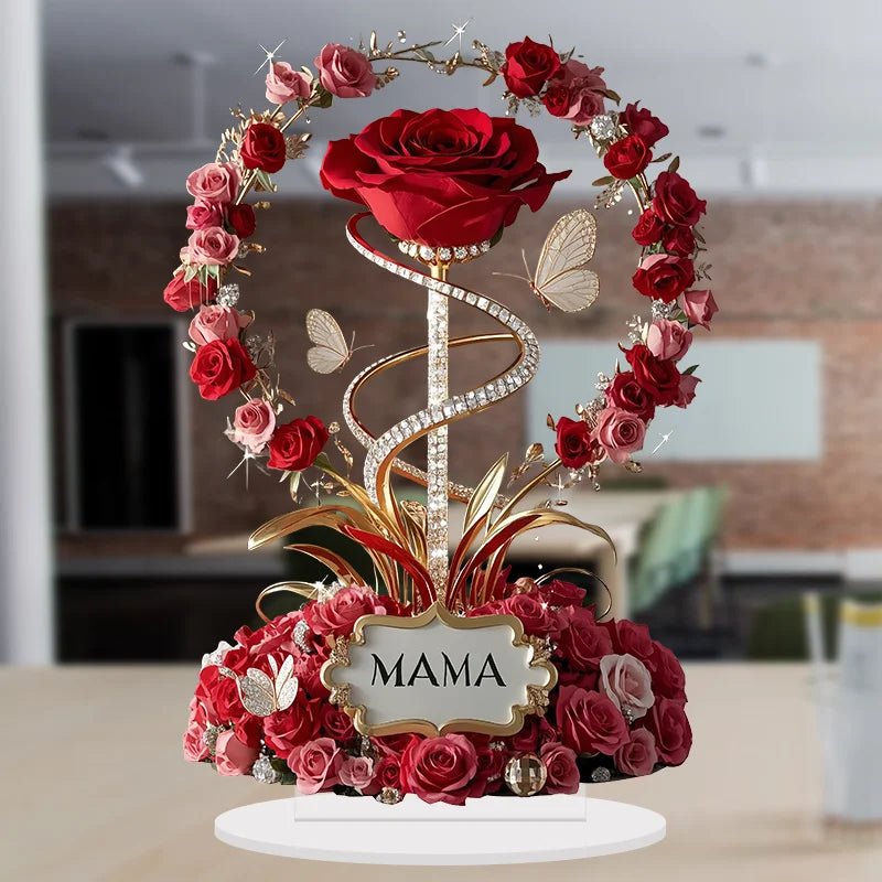 Mother's Day Gift Artificial Floral Arrangement 2D Acrylic Ornament Red Rose MAMA Pattern Roses - Flat Elegant Desk Decoration