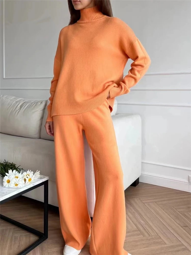 Winter 2 Pieces Women Sets Knitted Tracksuit Turtleneck Sweater and Straight Jogging Pants Suits