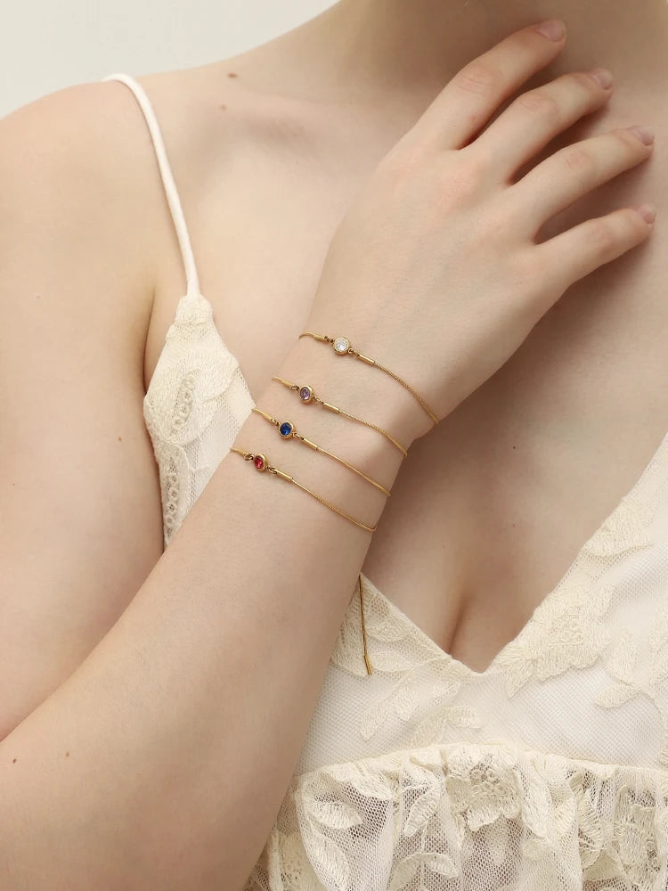 E.B.belle Colorful Round Zircon Birthstone Snake Chain Adjustable Bracelet Chain Gold Plated Stainless Steel Women Chic Jewelry