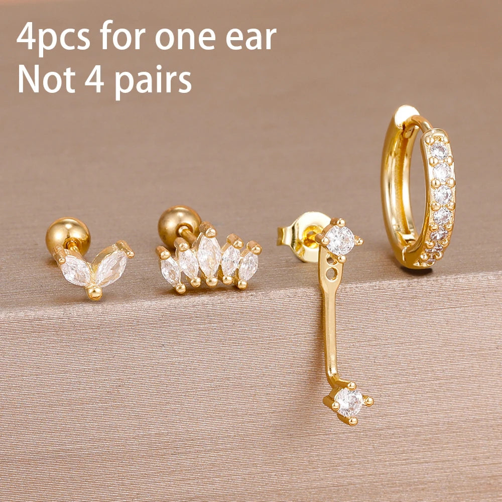 4pcs Stainless Steel Zircon Water Drop Earrings Set