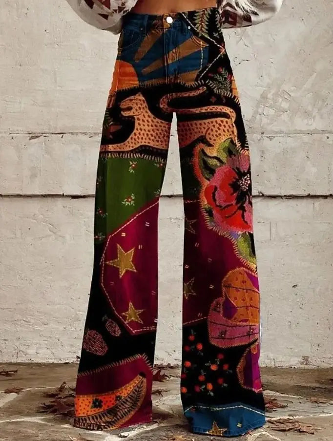 Retro Vintage Boho 1970s Pants Wide Legged Pants Hippie Disco High Waist Floral Faux Jeans Style Women's Festival Retro Pants