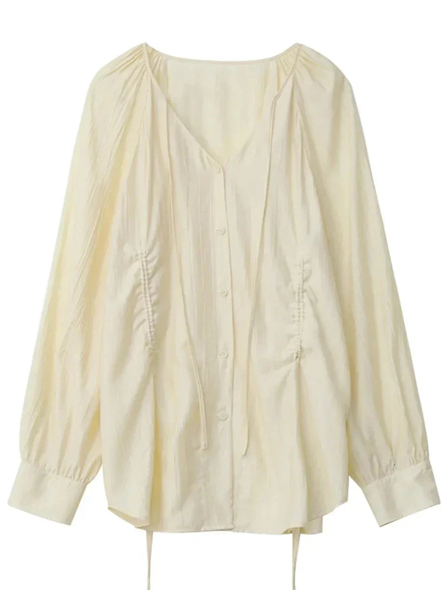 Women’s V-Neck Lace-Up Blouse Loose Pleated Spring Top