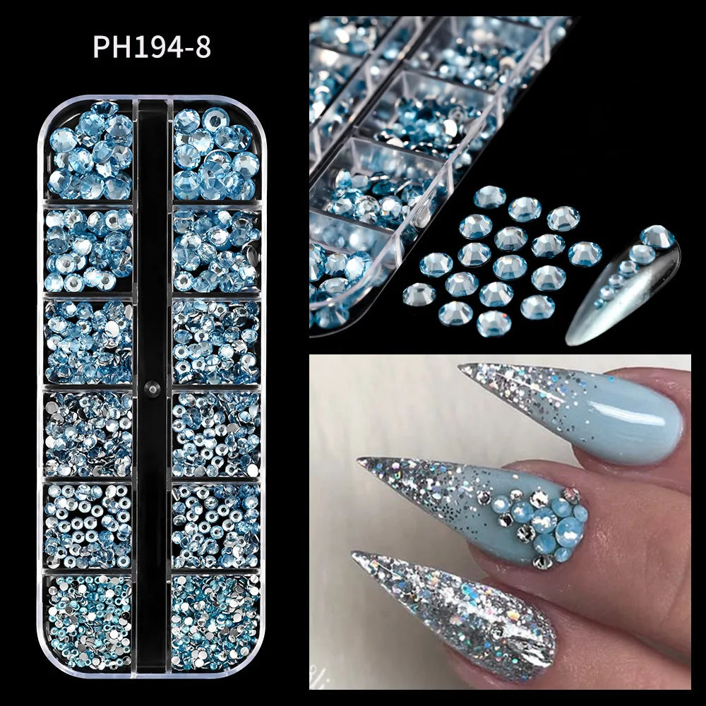 12Grids Sparkle Rose Red Crystal Rhinestones Nail Art Mixed Shape Diamonds Nail Charms Pink Blue Green AB Flatback Nail Ornament
