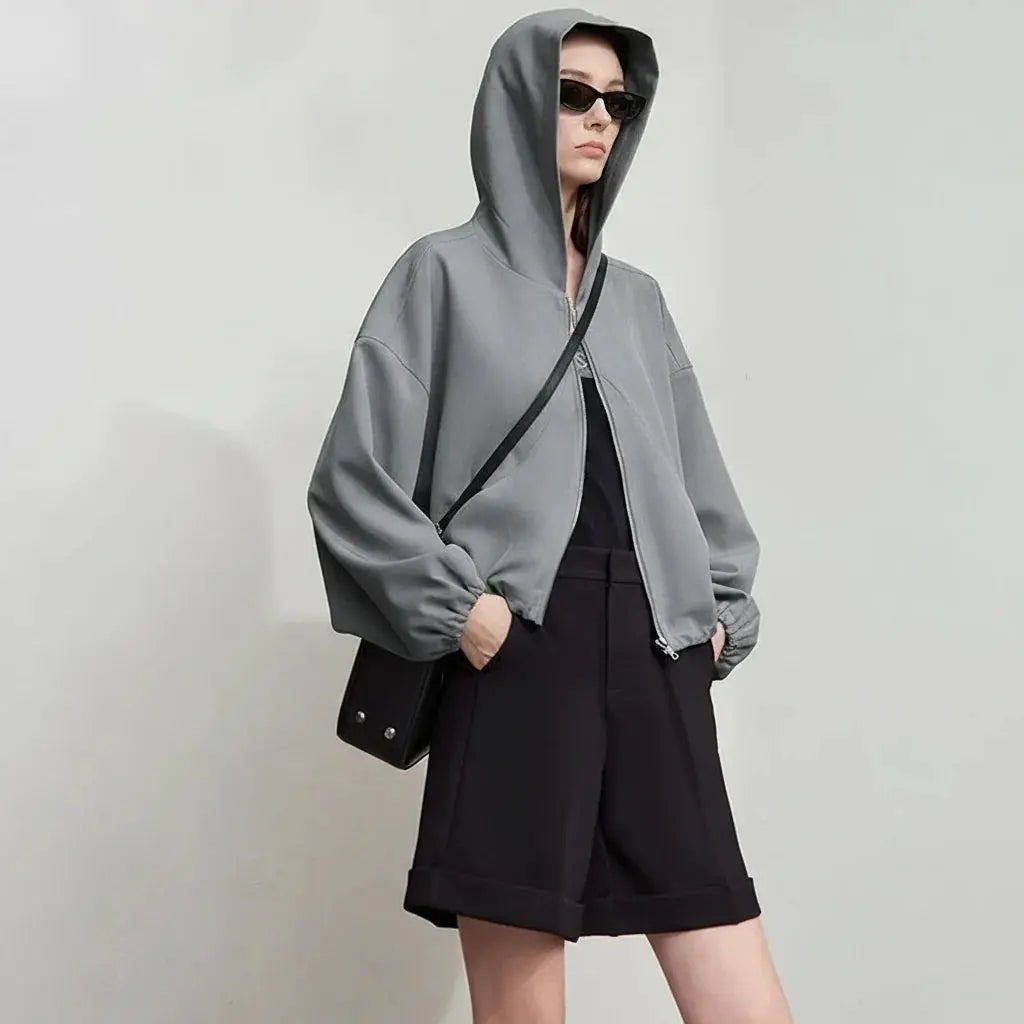 Simple Loose Fit Pleated Hooded Jacket
