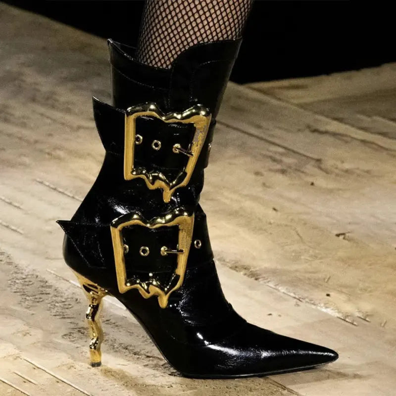 Gold Beltbuckle Decorative Sidezipper Kneehigh Boots Women's Metal High-heeled Versatile Banquet Boots