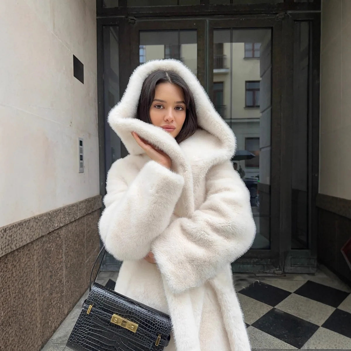 Belted Winter Women Artificial Fur Jacket Thick Cinched Waist Fur Trim Hooded Female Eco Fur Coat Long Warm Lady Faux Fur Coat