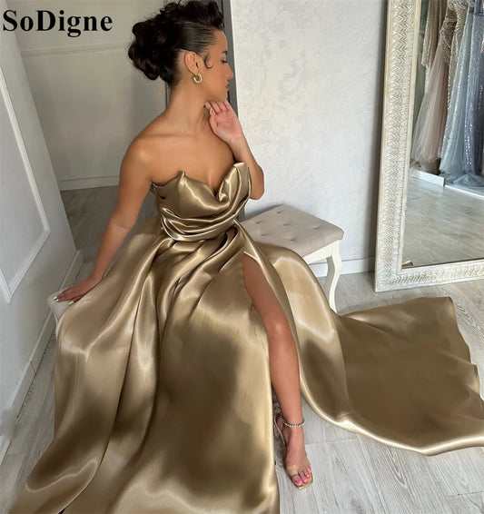 SoDigne Sexy Champagne Evening Dresses A-Line Draped High Split Strapless Pleated Party Dress 2025 Elegant Prom Gowns Customized