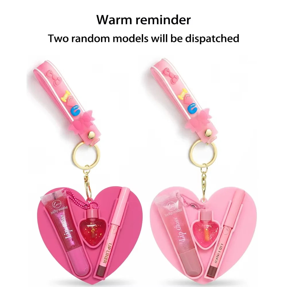 Two Color Lipstick And Lipliner Key Chain Shiny Makeup Set To Create Exquisite Lip Makeup Valentine's Day Gift