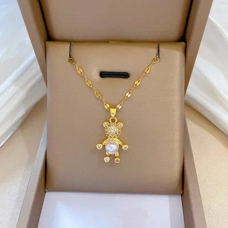 Gold Color Stainless Steel Chain Cute Shiny Zircon Bear Pendant Necklaces for Women Girls Lovely Luxury Jewelry Accessories Gift