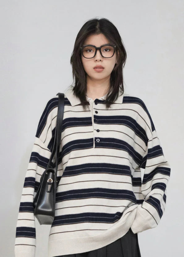 Striped Polo Collar Sweater Casual Knit Pullover