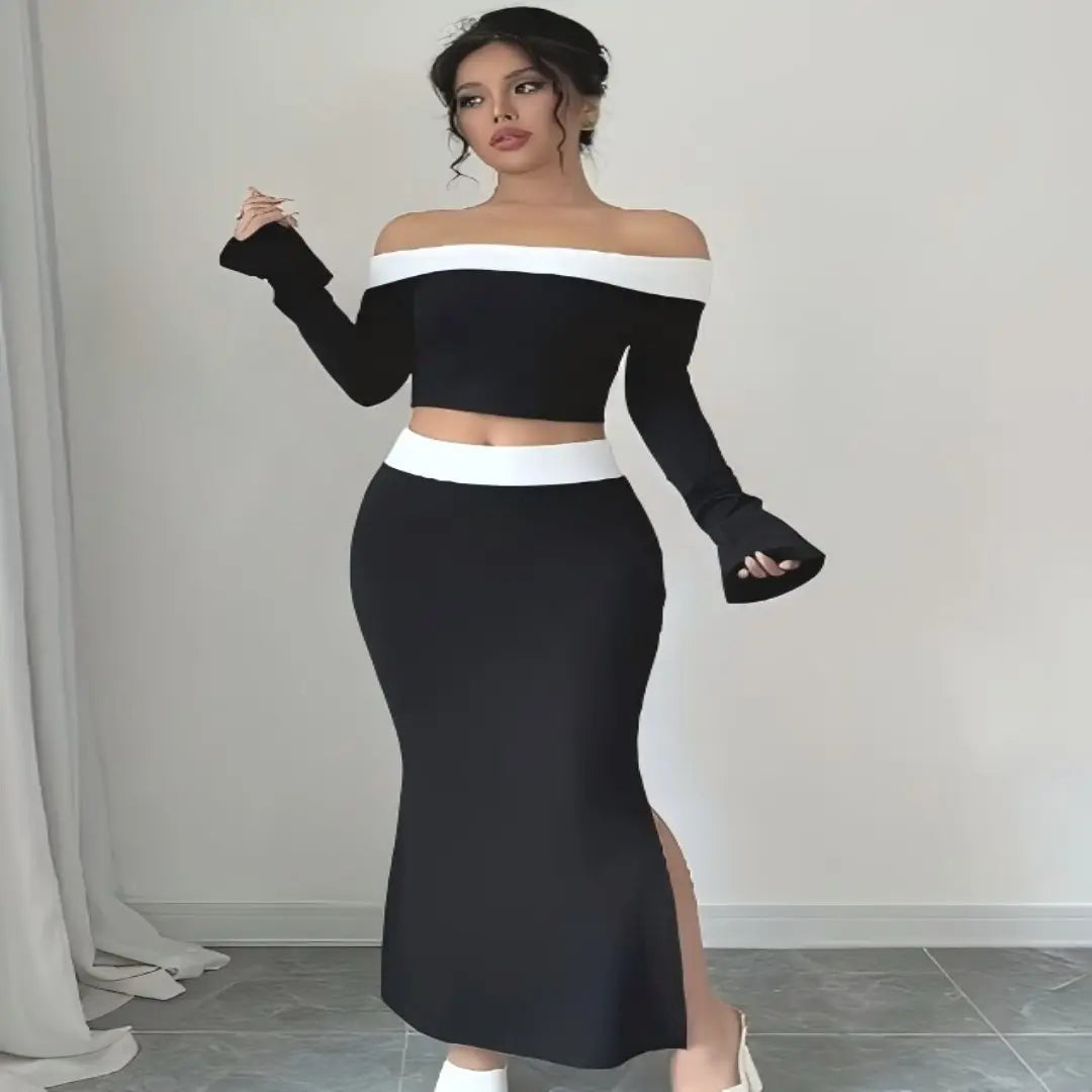 Plus Size Women's 2-Piece Set Black & White Off-Shoulder Long Sleeve Crop Top+Slit Mermaid Skirt Party Club Outfit (0XL-4XL)
