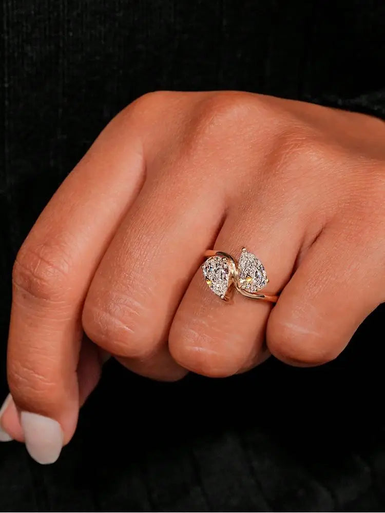 925 Sterling Silver Sparkling Double Water Drop Zircon Ring For Women Engagement Wedding Luxury High Quality Fine Jewelry