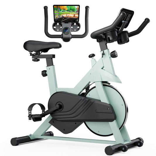 Light blue exercise bike with screen on a white background