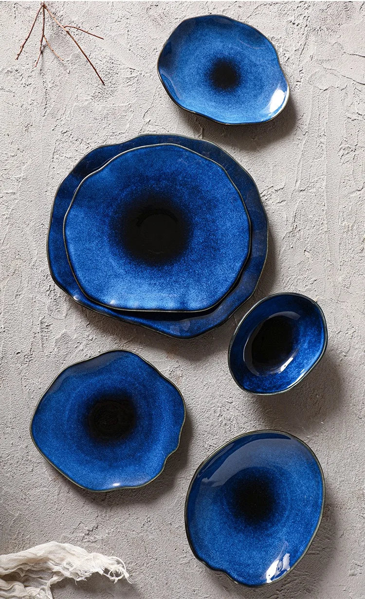 1PCS Cat Eye Blue Color NEW Japanese Ceramic Food Dish Flat Plate Pottery Irregular Dish Dinnerware Steak Display Dish