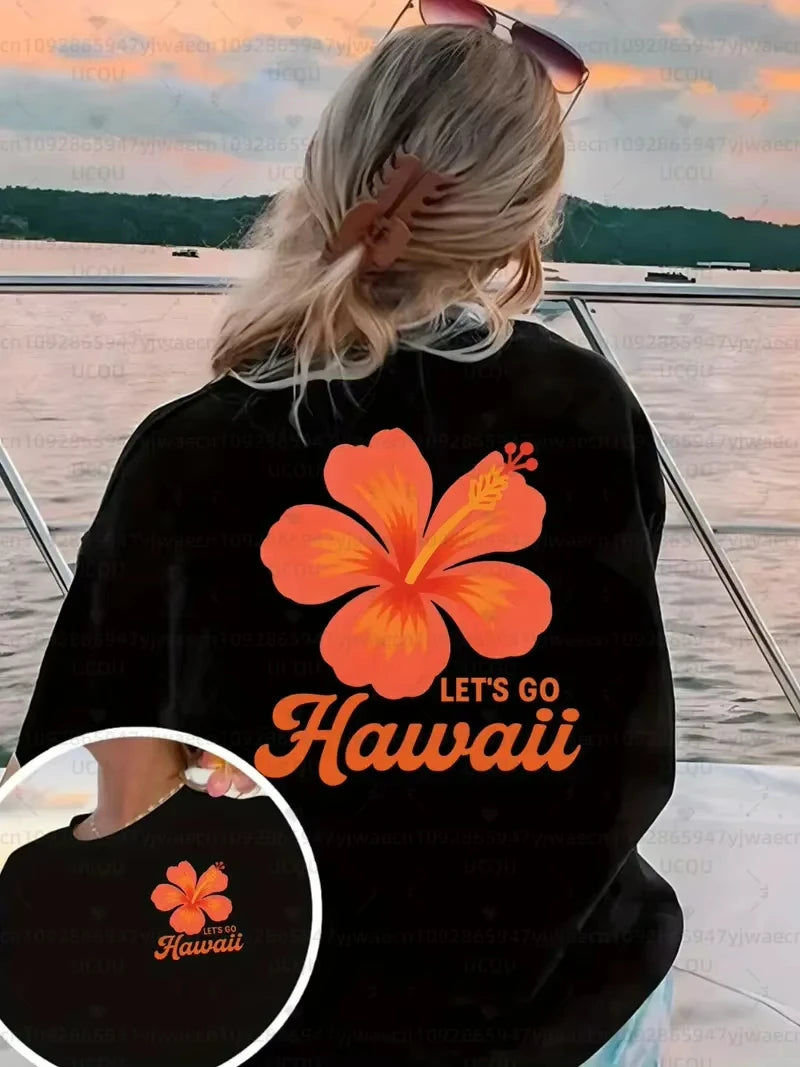 Women's "Let'S Go Hawaii" Graphic T-Shirt Hibiscus Print Casual Short Sleeve Crew Neck Top Beach Outings and Tropical Vibes