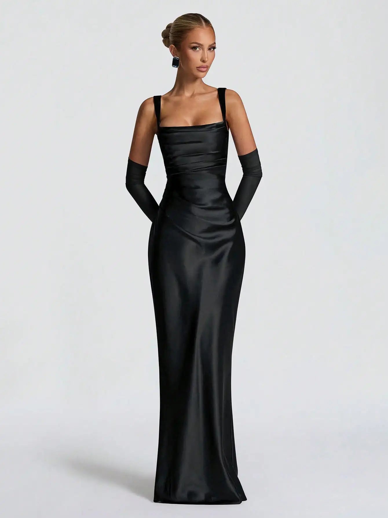 Black Satin Floor-Length Slip Dress With Ruched Waist And Sheer Gloves For Evening Gala Or Wedding Event