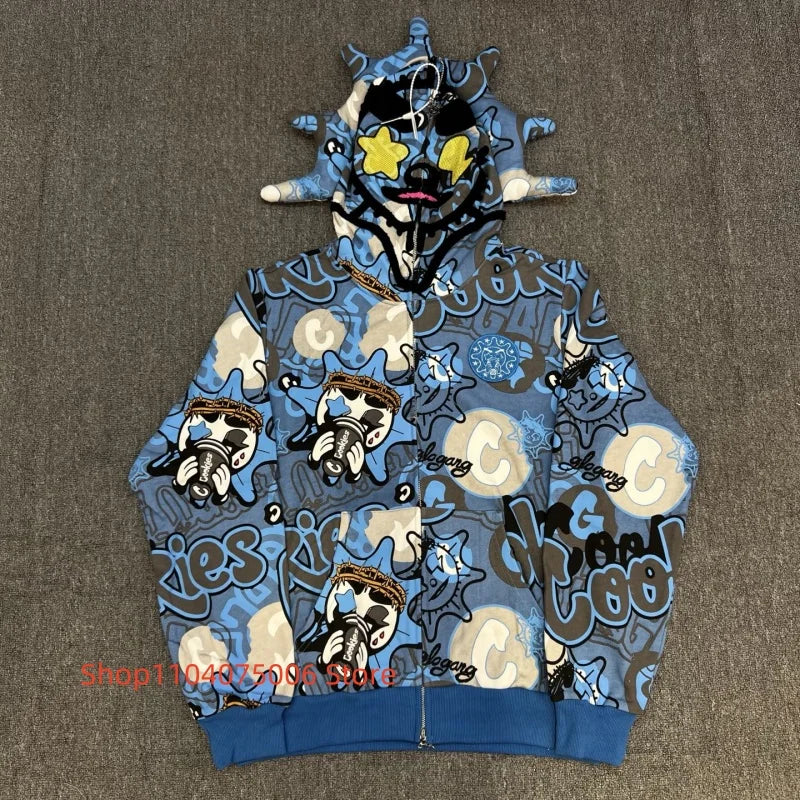 Mens Glo Gang Zip Hoodie Streetwear Cartoon Graffiti Design Soft Cotton Casual Fashion Sweatshirt