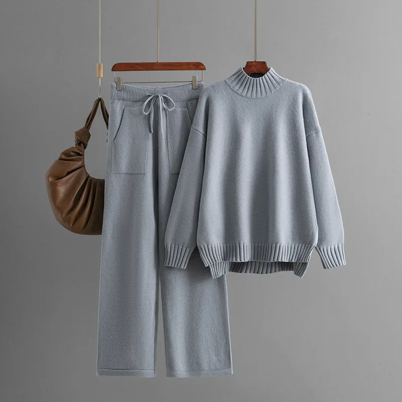 Winter Thick Knitted 2 Piece Sets Women Half Turtleneck Knitwears Sweater Pullover Tops Conjuntos High Waist Sweatpants Outfit