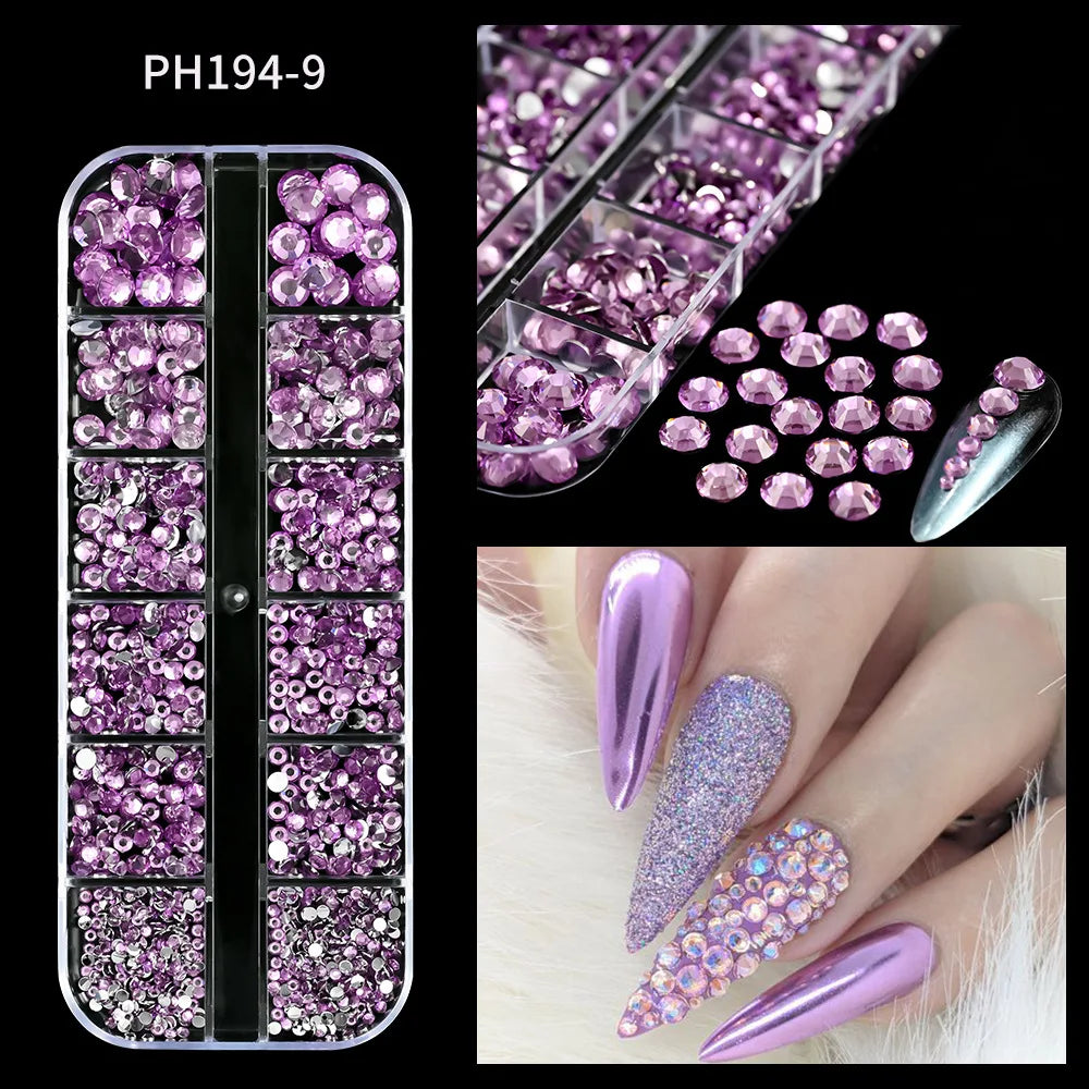 12Grids Sparkle Rose Red Crystal Rhinestones Nail Art Mixed Shape Diamonds Nail Charms Pink Blue Green AB Flatback Nail Ornament