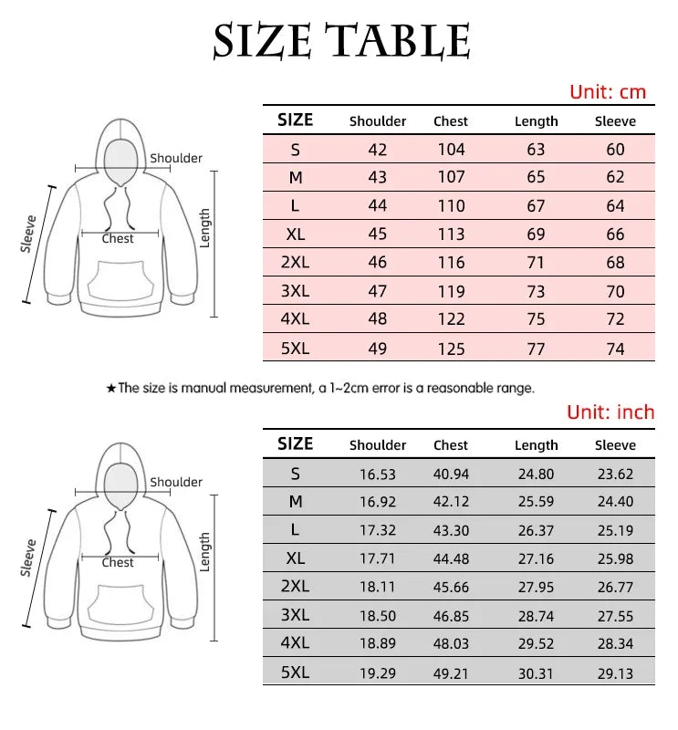 Size chart for a hoodie with measurements in centimeters and inches.