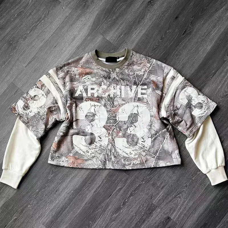 Y2K Sports Camouflage Jerseys Goth Oversized Loose Bough Pattern Long-sleeved Shirt Hip Hop Sweatshirt Street Wear