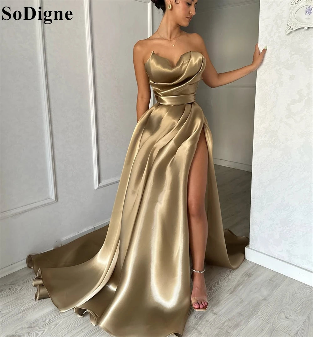 SoDigne Sexy Champagne Evening Dresses A-Line Draped High Split Strapless Pleated Party Dress 2025 Elegant Prom Gowns Customized