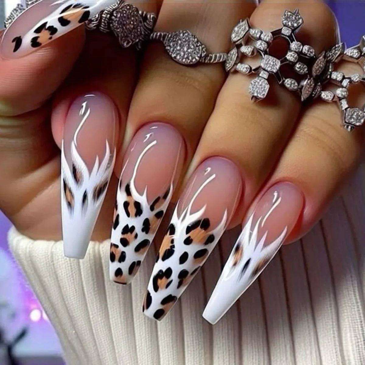 Medium long fake nails for women girls Y2K colorful gradient leopard print Pink green coffee coffin tips press on false nail set