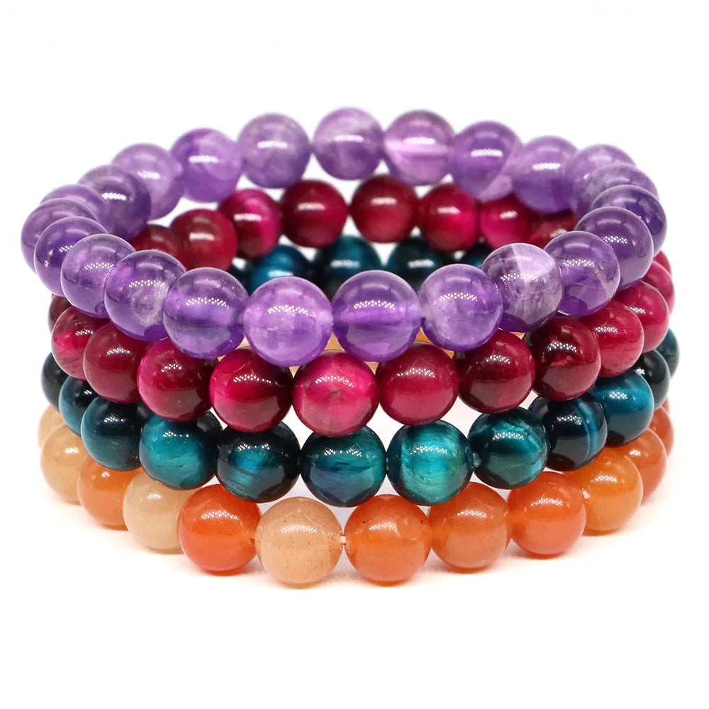 Natural Stone Bracelet Healing Crystal Amethyst Quartz Agate Round Loose Bead Elastic Stretch Bangle For Women Men Jewelry Gifts