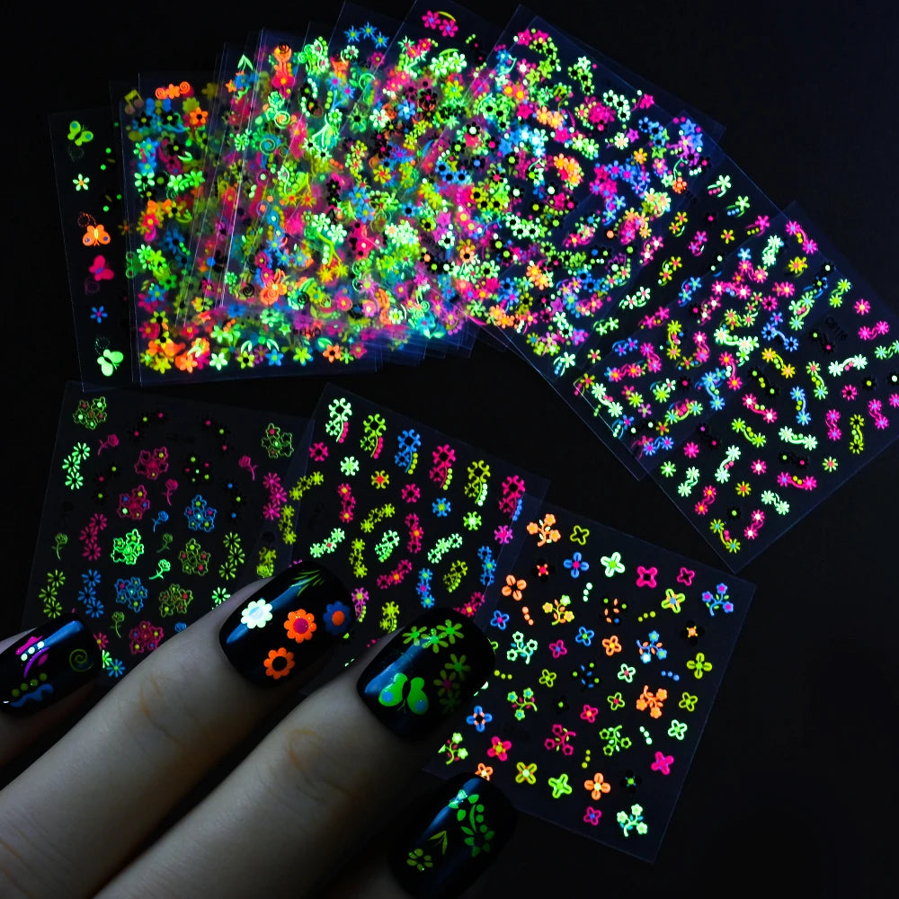24Pcs 3D Fluorescent Flower/Butterfly Nail Stickers Glow in the Dark Adhesive Decals Neon Floral Sticker for Party Nails Decor *
