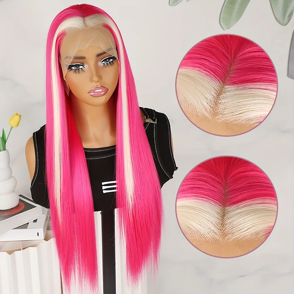 Hot Pink Light Blonde Highlights Mixed Color 13x4 Lace Front Wigs Glueless Skunk Stripe Hair Synthetic Long Straight Heat Safe