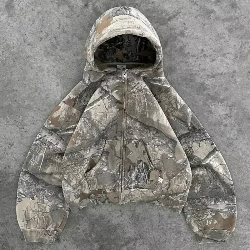 Y2K Retro Hoodie Men Printed Camouflage Pattern Pullover Sweatshirts High Street Hip Hop Streetwear Oversized Unisex Camo Hoodie