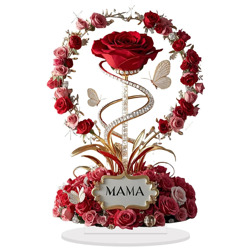 Mother's Day Gift Artificial Floral Arrangement 2D Acrylic Ornament Red Rose MAMA Pattern Roses - Flat Elegant Desk Decoration