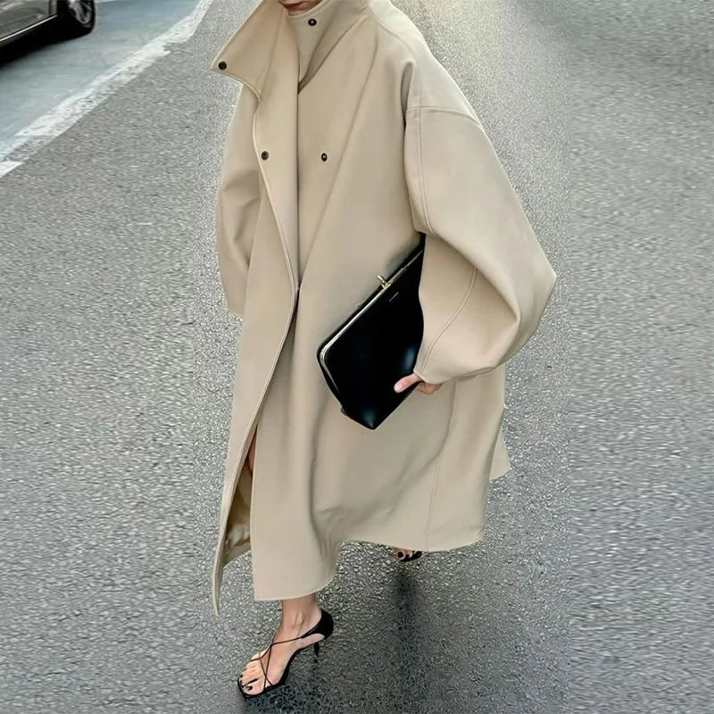 Women's Elegant Faux Suede Long Jacket Stand Collar Bat Sleeve Solid Overcoat Outwears 2025 Autumn Winter Female Streetwears