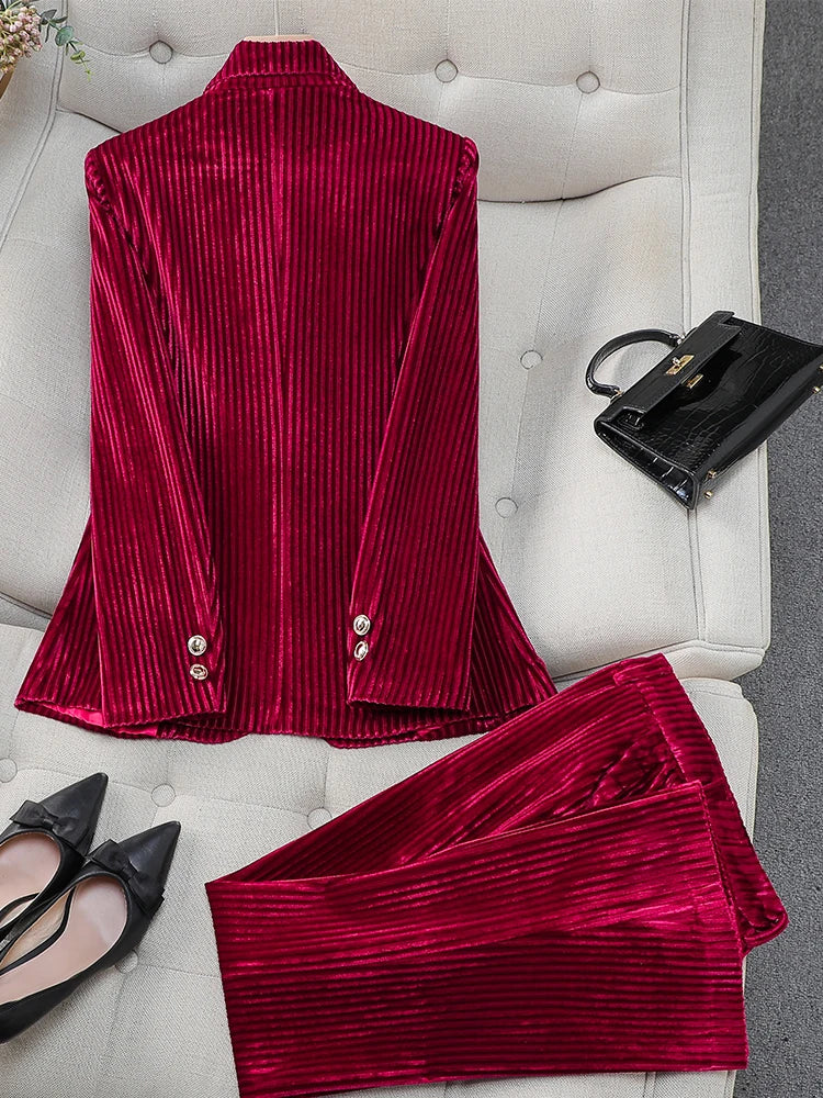Fashion Red Green Black Blue Ladies Pant Suit Women Female Work Wear Formal Jacket Blazer and Trouser Striped 2 Piece Set