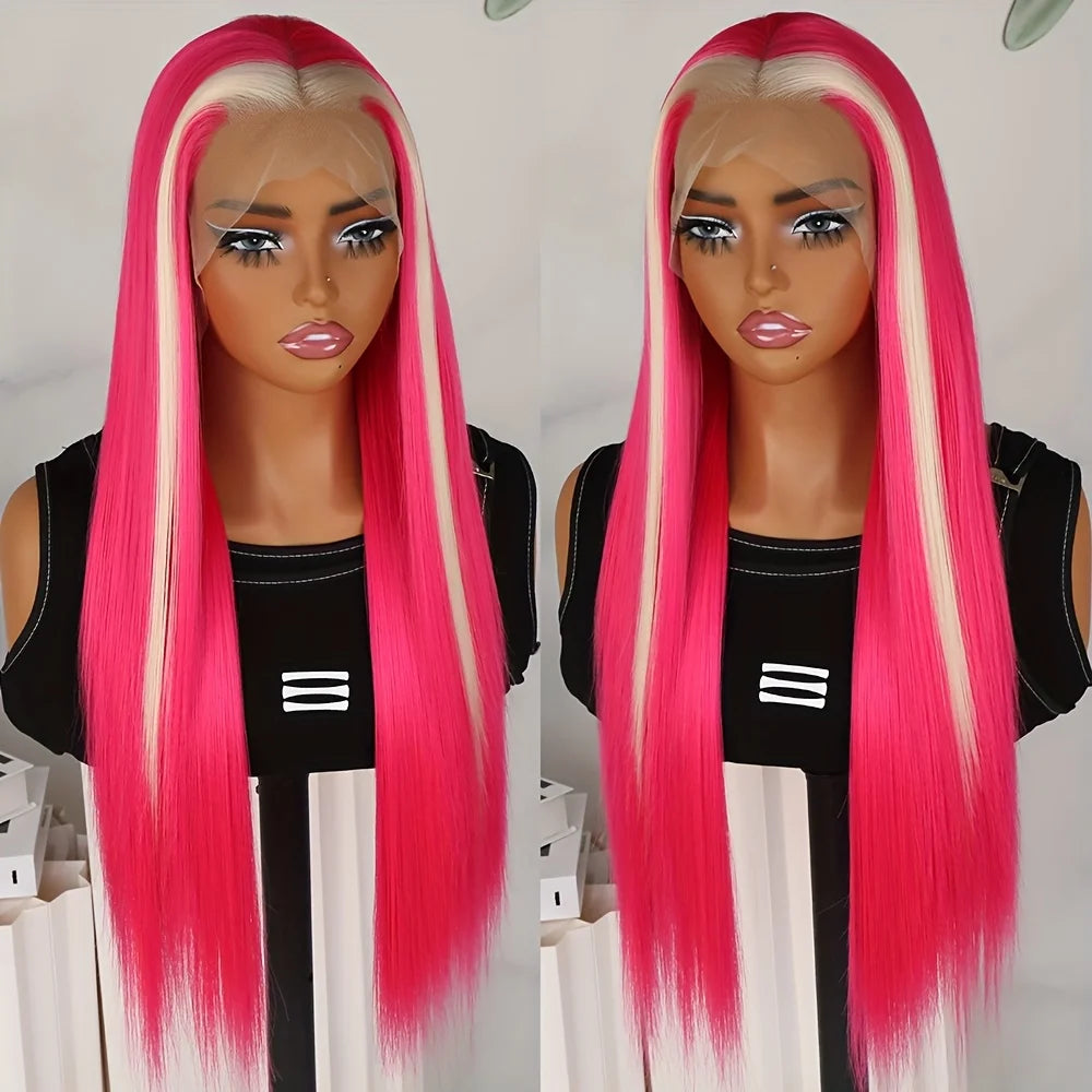 Hot Pink Light Blonde Highlights Mixed Color 13x4 Lace Front Wigs Glueless Skunk Stripe Hair Synthetic Long Straight Heat Safe