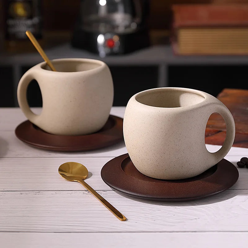 1-2 Sets Ceramic Coffee Cup and Plate Set Vintage Latte American Coffee Cup Wooden Coaster