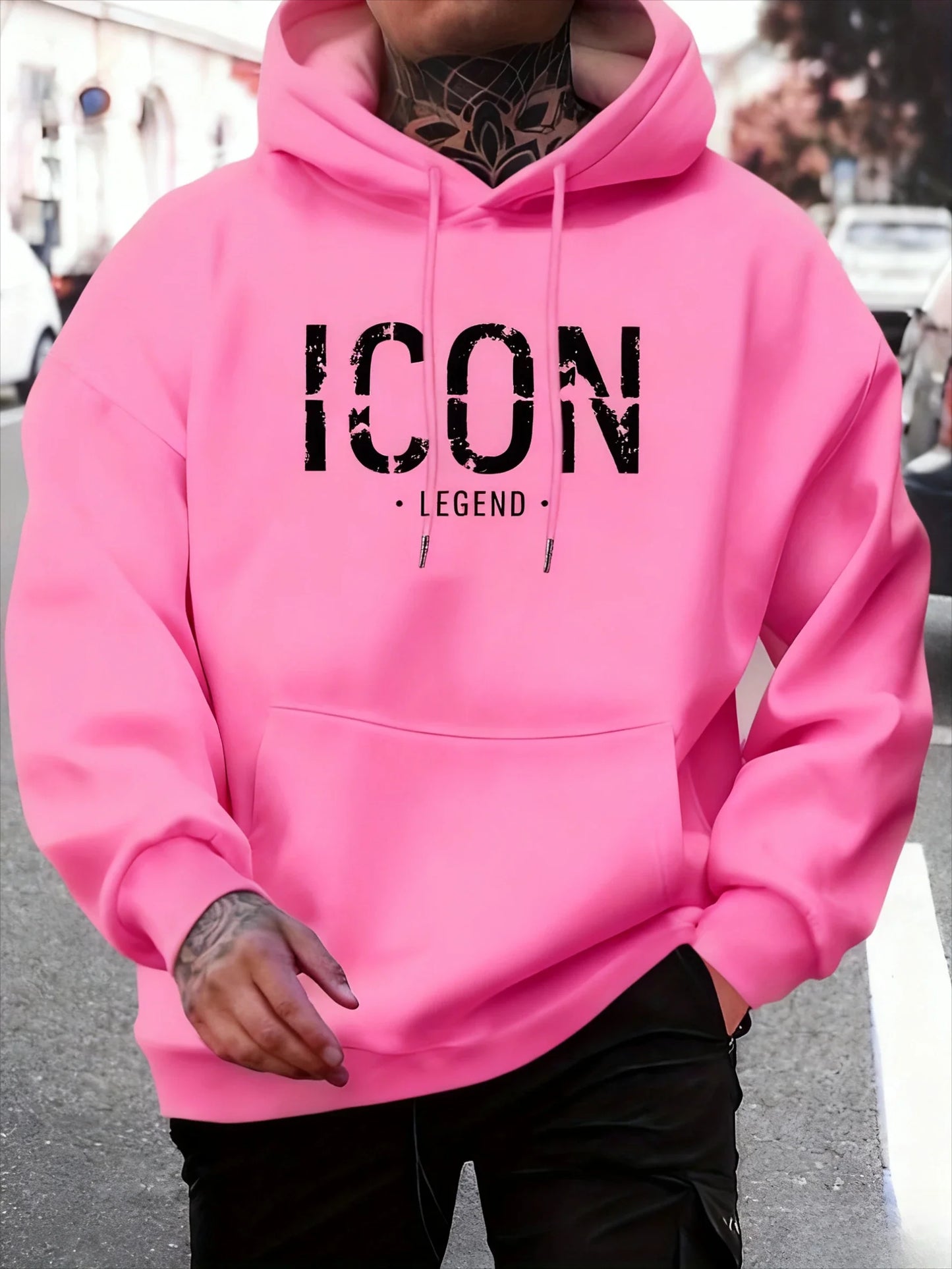 Men's Casual Pullover Sport Hoodie with "ICON" & "LEGEND" Graphic Print Fashion Hoodie
