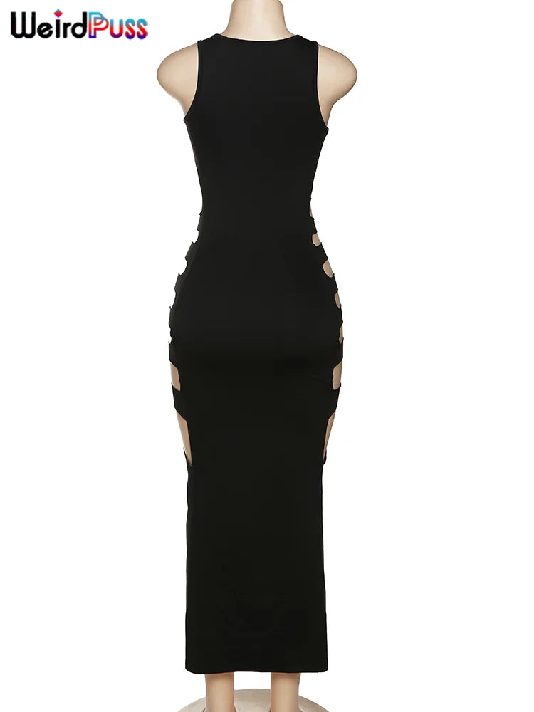 Hollow Dress New Sleeveless Split Solid Skinny Stretch Maxi Bodycon Clubwear Coquette Slim Vestidos