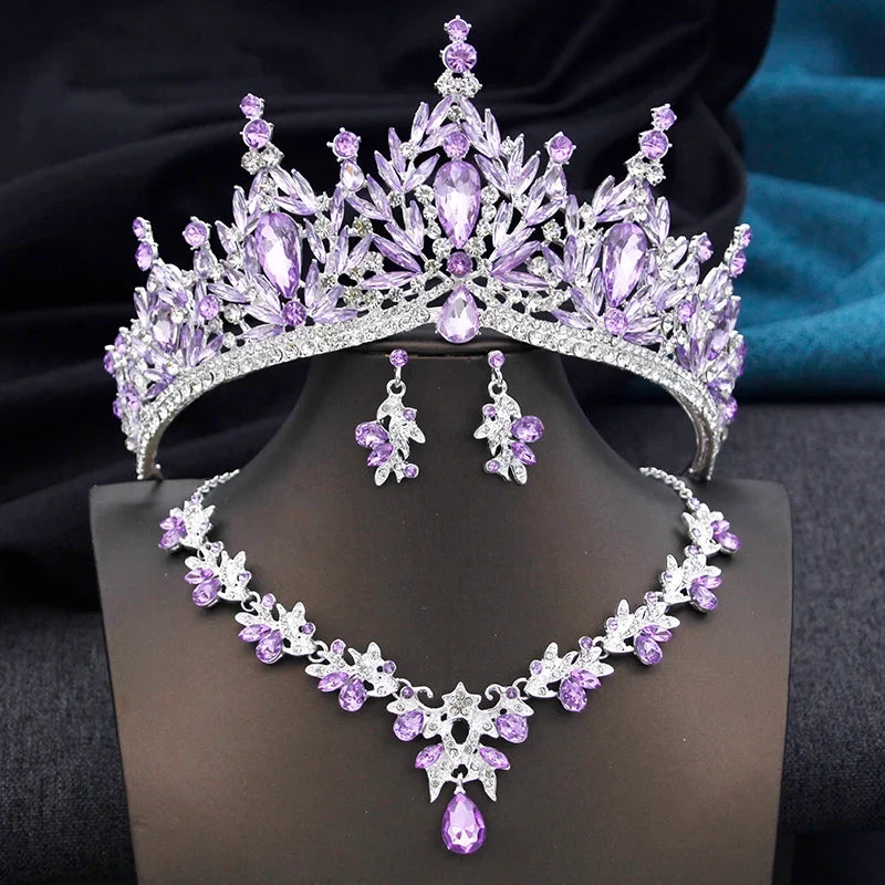Royal Queen 3 Pcs Tiaras and necklace earrings for Bridal Jewelry Sets Women Brides Wedding Crown Prom Birthday Accessories