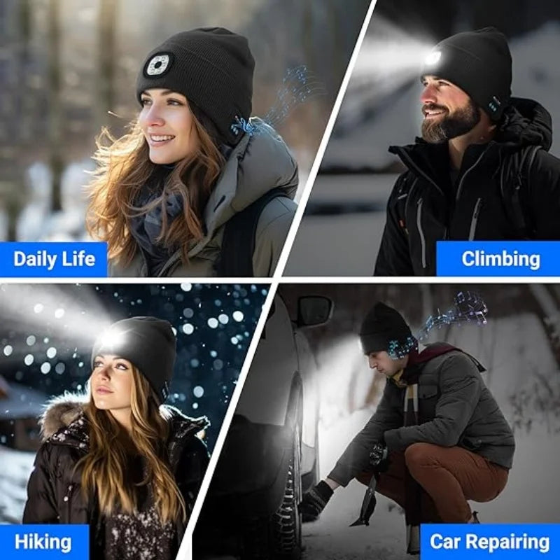 Bluetooth Beanie - Night Run Marathon Night Fishing Bluetooth LED Light Warm Cap USB Rechargeable Music Knitted Cap 3 Gear Light Adjustment Cap