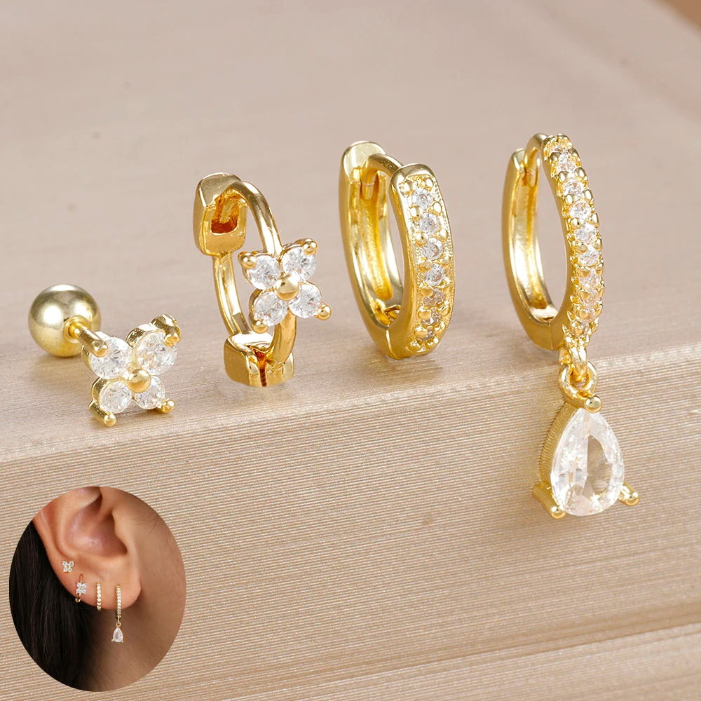 4pcs Stainless Steel Zircon Water Drop Earrings Set